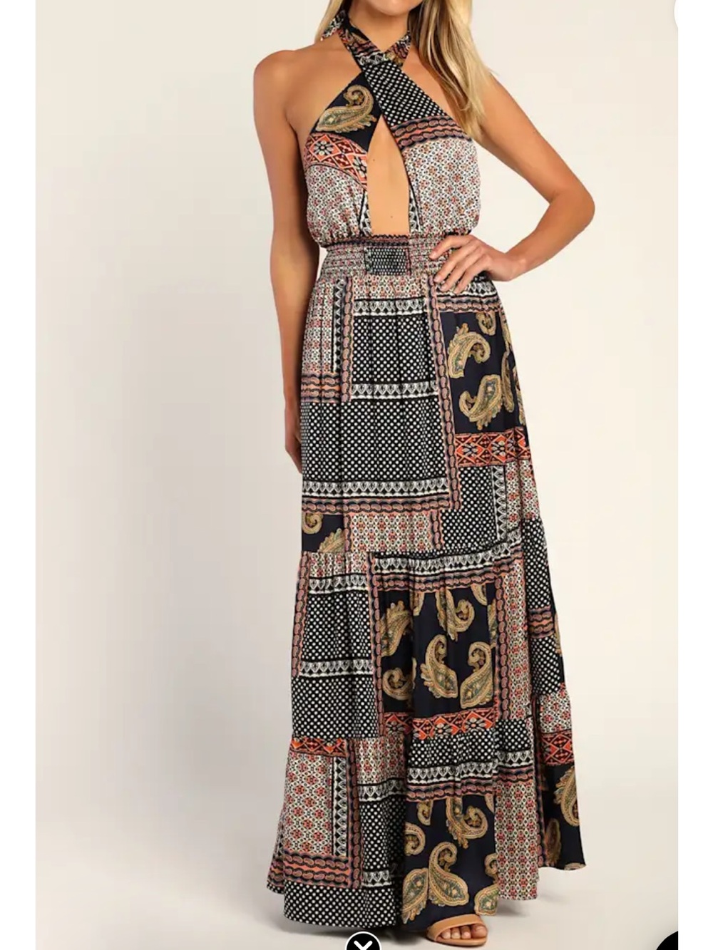 Trendy Travels Navy Blue Multi Scarf Print Halter Maxi